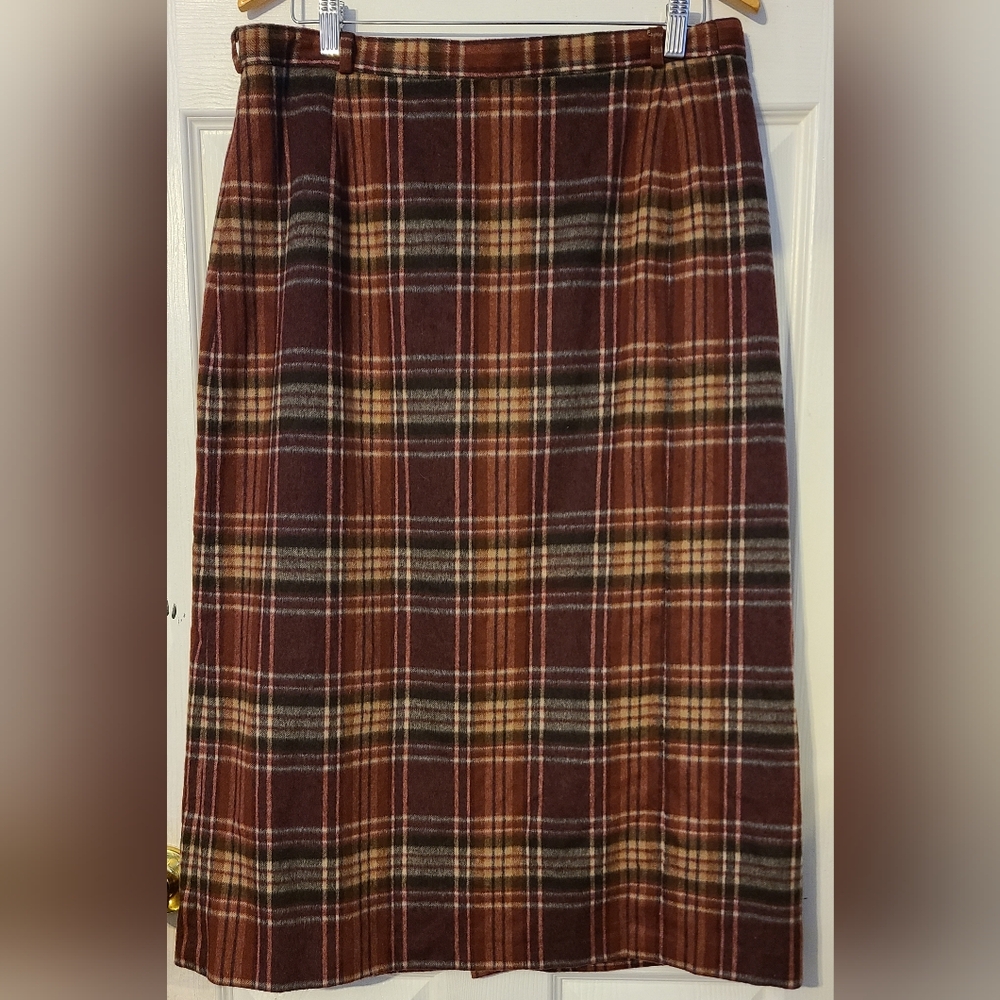 Vintage Sixth Sense 70% Wool Plaid Midi Skirt Brown Plaid, 34" Waist UK Sz 18